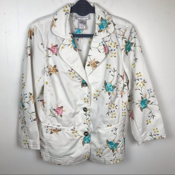 Susan Graver Style Blazer Embroidered Floral Small front pockets 3 button up - Picture 1 of 3